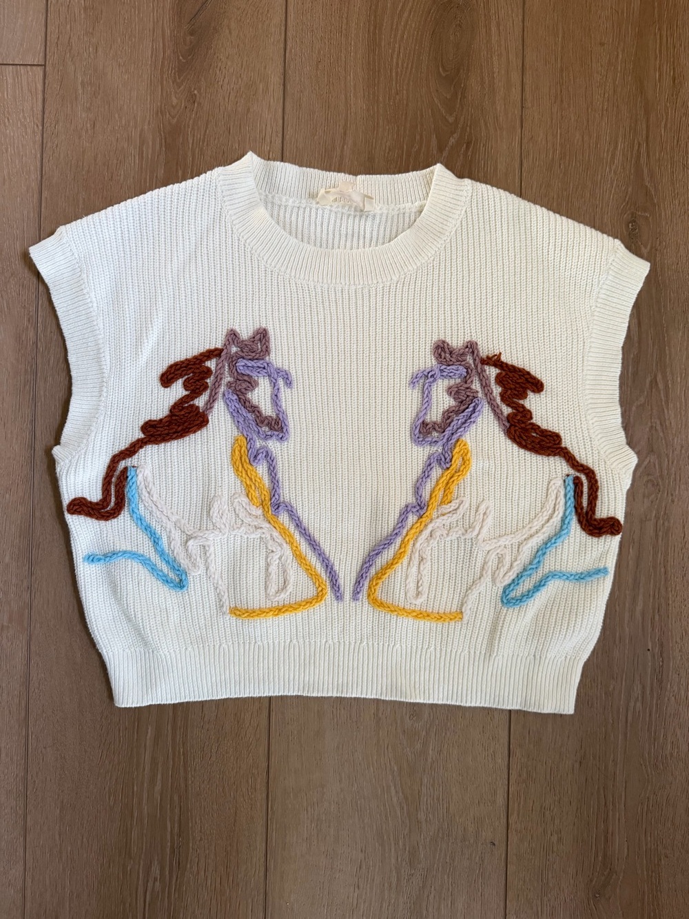 Peach Love California Multi Color Horse Cream Sleeveless Knit Vest